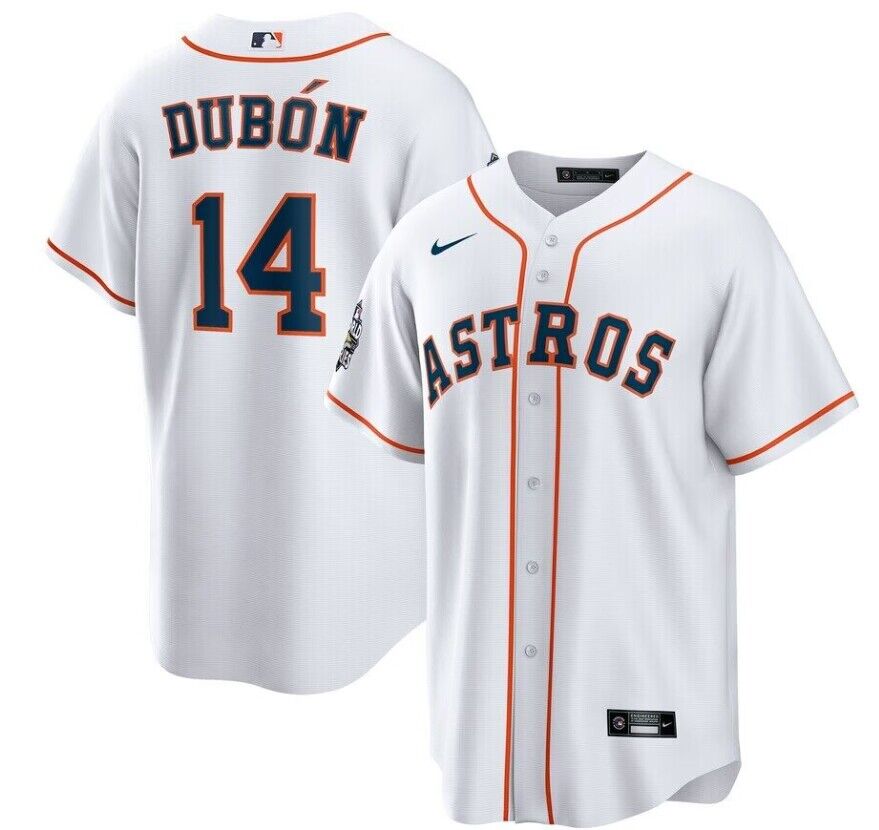 Men's Houston Astros #14 Mauricio Dubón White 2022 World Series Patch Cool Base Stitched Baseball Jersey Men's Houston Astros #14 Mauricio Dubón White 2022 World Series Patch Cool Base Stitched Baseball Jersey